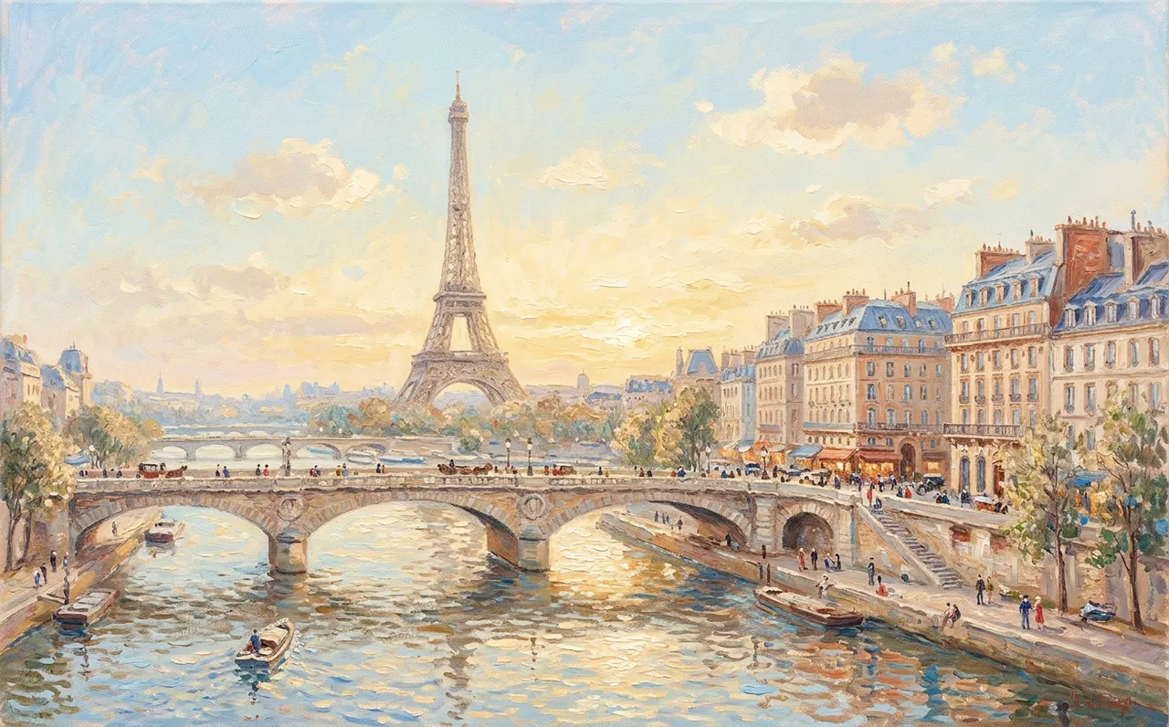 The Eiffel Tower seen from a Paris street lined with cafés