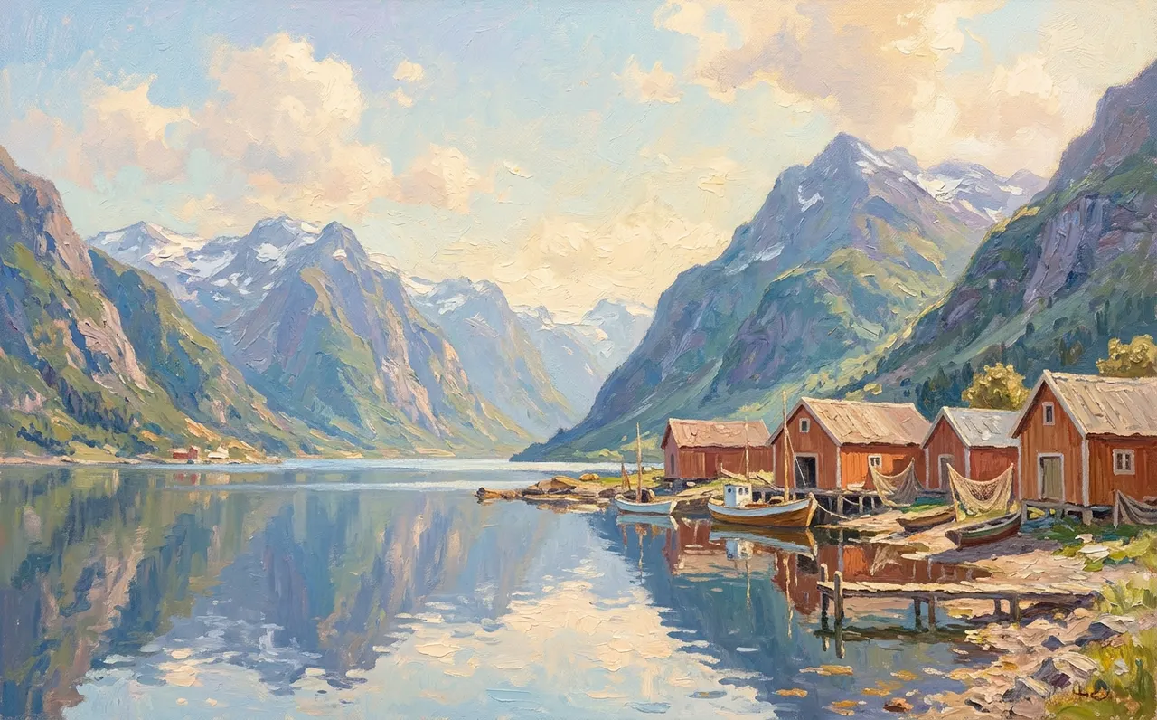 Red cabins beside a Norwegian fjord