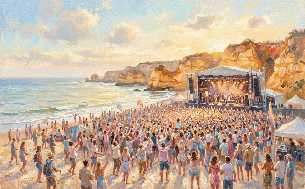 Festival crowd on the Algarve coast at sunset