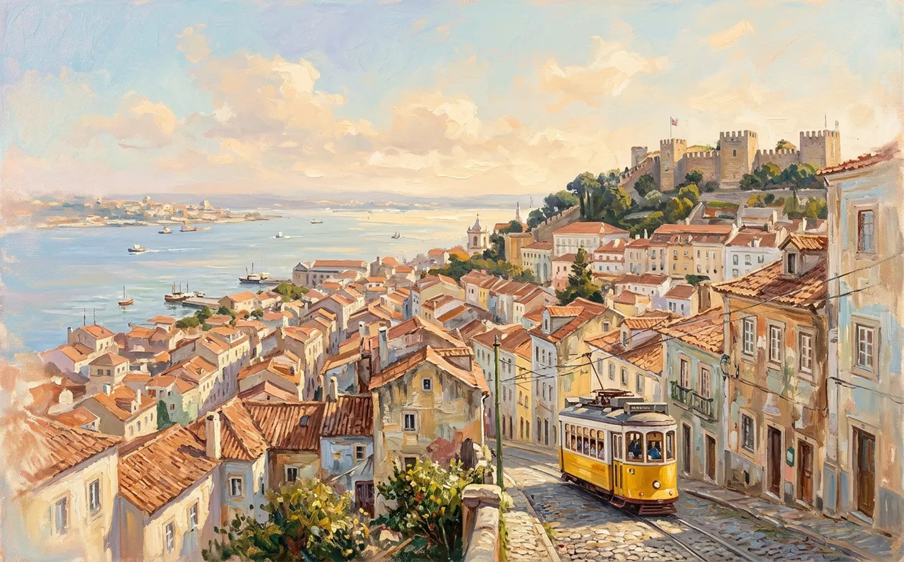 A yellow tram climbing a hilly street in Lisbon