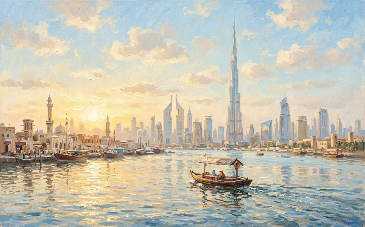 Dubai Marina towers reflected in the water at sunset