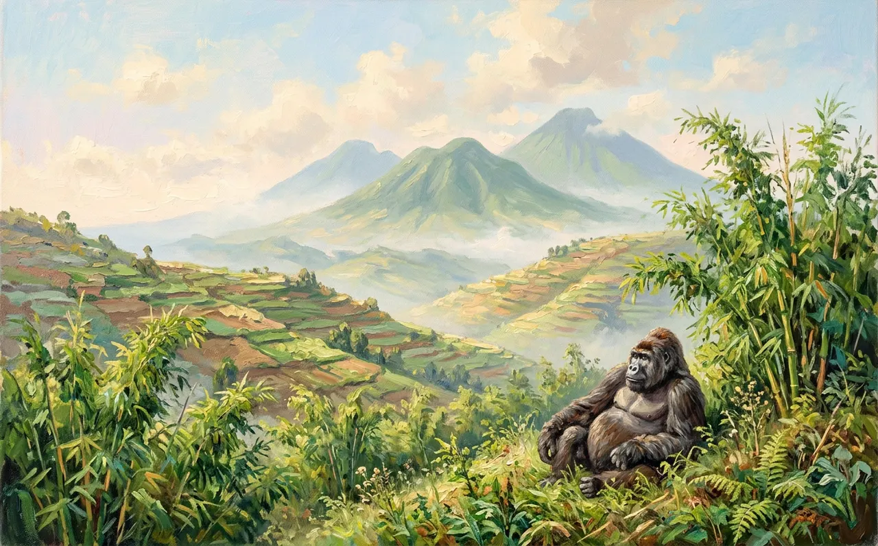 Misty green volcanic hills in Rwanda